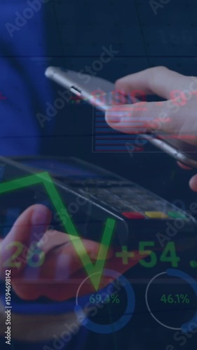 Animation of financial data processing over diverse people paying with smartphone