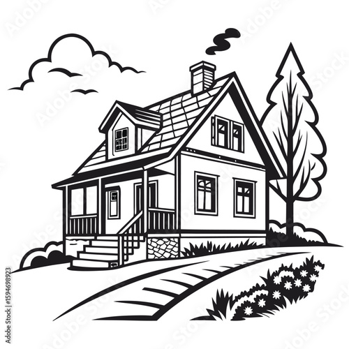 Black and White Illustration of a Cozy Countryside Cottage with a Porch and Smoking Chimney

