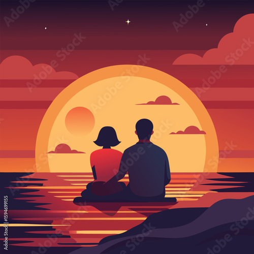 A romantic couple in silhouette practices yoga on the beach at sunset, enjoying the tranquil sea and sky