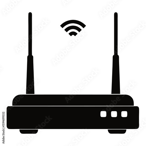 Black silhouette of a modern wireless router isolated on white background