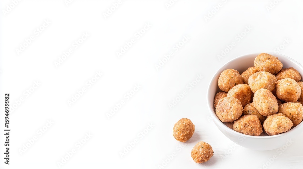 Fototapeta premium A white bowl filled with golden brown falafel balls is displayed on a bright white surface, with a few scattered around the bowl, creating an inviting scene.