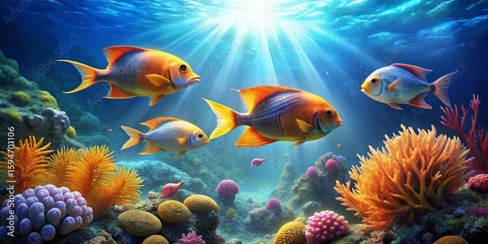 Naklejka premium Vibrant Reef Scene Featuring Colorful Fish and Lush Coral Formations Illuminated by Sunbeams Penetrating the Ocean's Surface