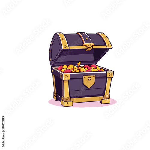 Vector art of an open treasure chest filled with gold coins and jewels