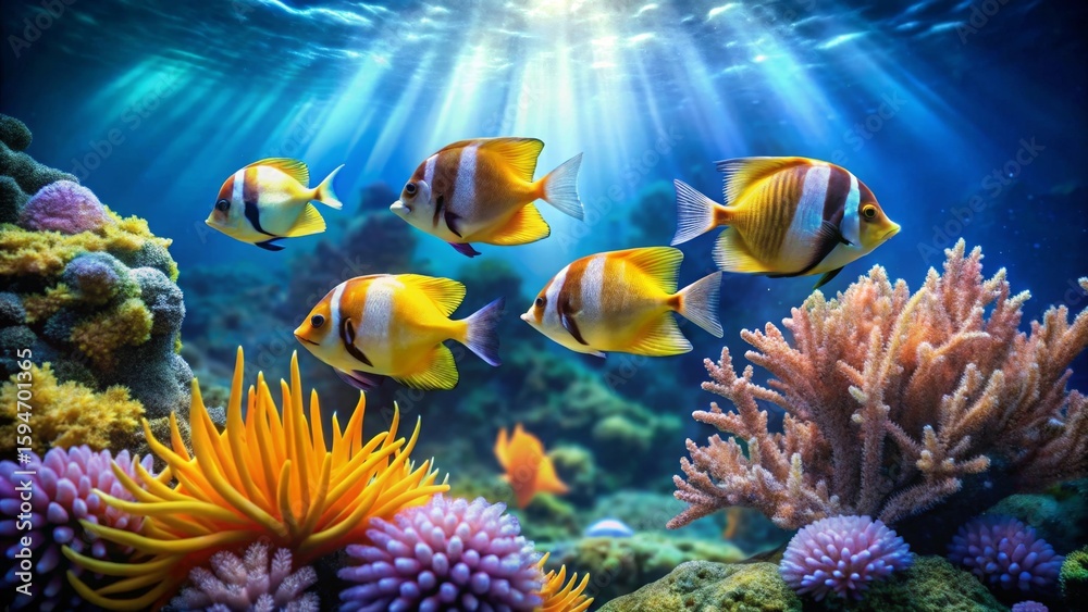Obraz premium Vibrant Reef Inhabitants Gracefully Swimming Amidst Colorful Coral and Sea Anemones in a Sunlit Underwater Paradise