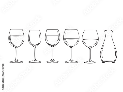 Wine glass line art vector sketch set