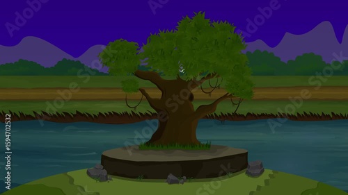 Village life cartoon animation, day to night time lapse seamless loop, countryside sun or moon rises and set, landscape