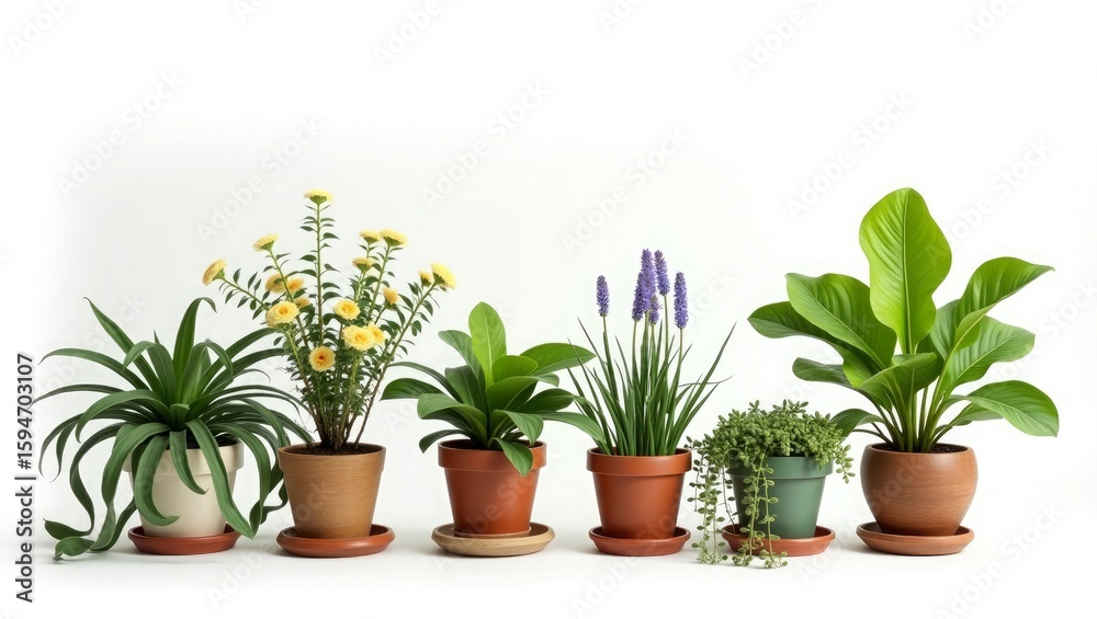 Fototapeta premium Six Potted Plants with Yellow and Purple Flowers on White Background