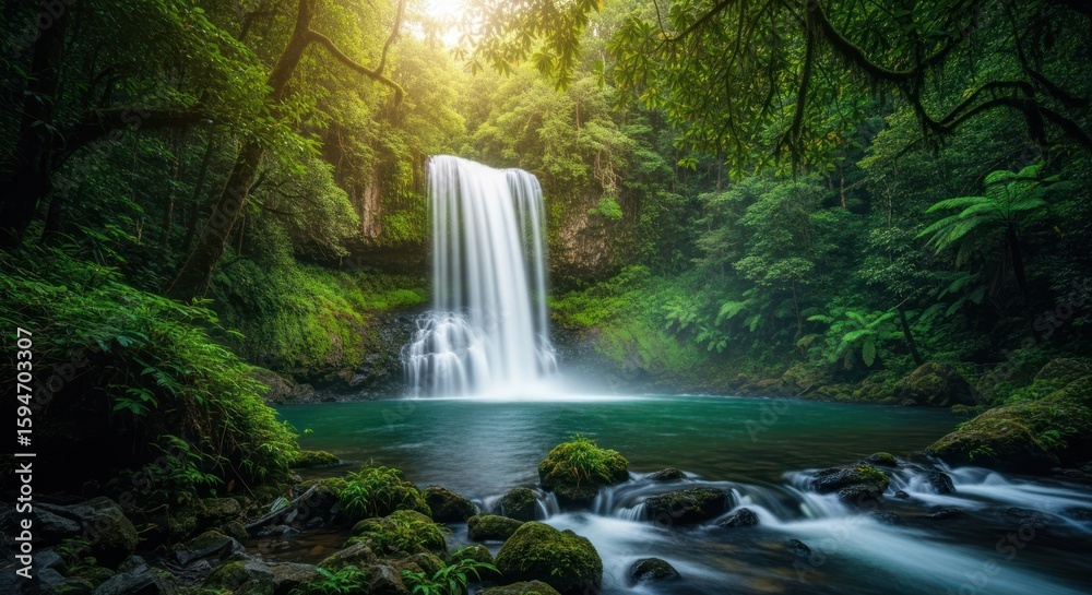 Obraz premium Lush waterfall cascades into a clear, blue-green pool