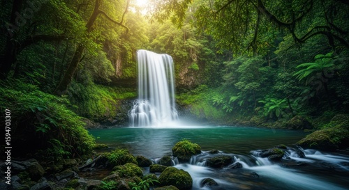 Lush waterfall cascades into a clear, blue-green pool