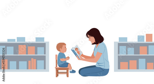 Mother reading storybook to toddler in library aisle