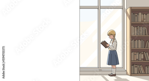 Schoolgirl reading book by library window white background