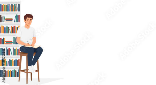 Young man reading book on stool in library white background