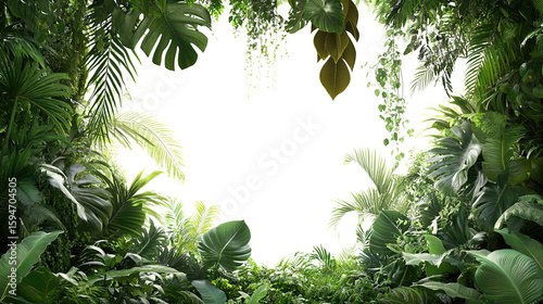 A vibrant green tropical jungle frame with lush leaves and branches forms a natural border on transparent background, perfect for spring or summer designs. PNG