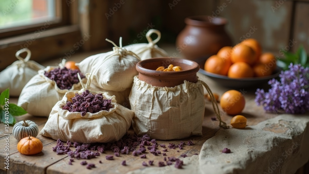 Naklejka premium The pottery jars and fruits on the wooden table