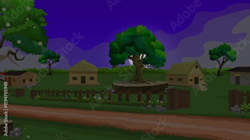 Village life cartoon animation, day to night time lapse seamless loop, countryside sun or moon rises and set