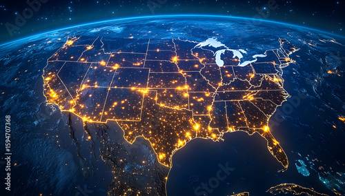 USA map beneath a digital mesh grid, visualizing satellite communication systems and real-time nationwide data exchange