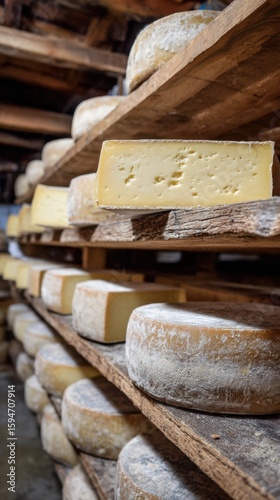 Cheese aging process in a rustic cellar with multiple shelves filled with artisanal cheese rounds