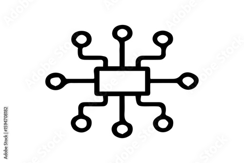 The image is a black and white line icon of a central microchip or processing unit with eight branching lines extending outward, each ending in a circular node.
