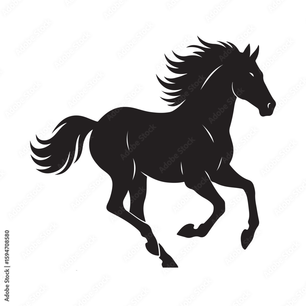 Obraz premium Dynamic black horse silhouette vector illustration featuring a running stallion with flowing mane and tail, isolated on white for equestrian design