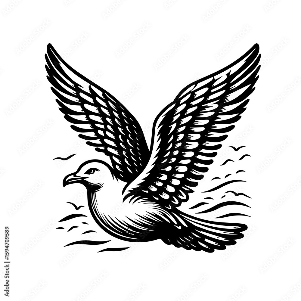 Fototapeta premium Vector art of a seagull in flight over waves