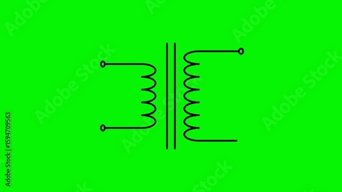 Animated step-up transformer line symbol on green screen. Ideal for electrical, engineering, physics, and educational video content or technical motion graphics.