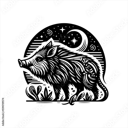 Vector art of a wild boar under the moon
