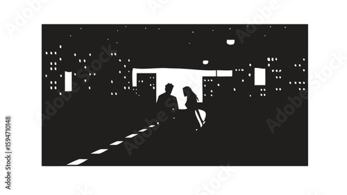 Silhouette of a couple walking in the city at night, urban lifestyle and romantic evening illustration