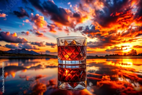 A glass of liquor is sitting on a table in front of a beautiful sunset