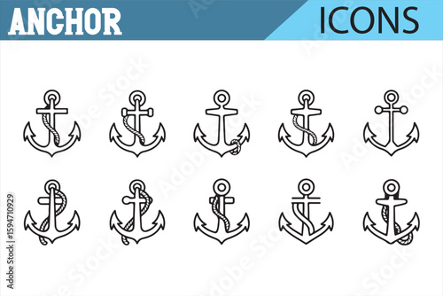 Line Art Anchor Icons for Maritime and Nautical Design