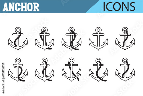 Black and White Anchor Icons for Digital Projects

