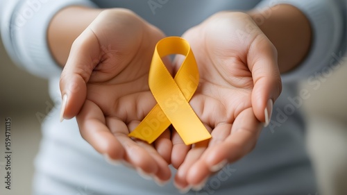 Young female holding yellow gold ribbon awareness symbol for endometriosis, suicide prevention, sarcoma bone cancer, bladder cancer, liver cancer and childhood cancer concept. Health care. Copy space.