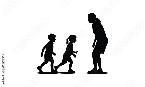 Happy mother and two children playing together silhouette