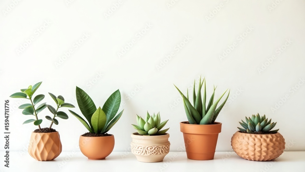 Fototapeta premium Assortment of potted plants with green leaves and terracotta pots on white surface