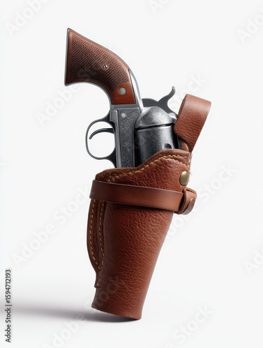 Classic revolver in leather holster isolated on white background