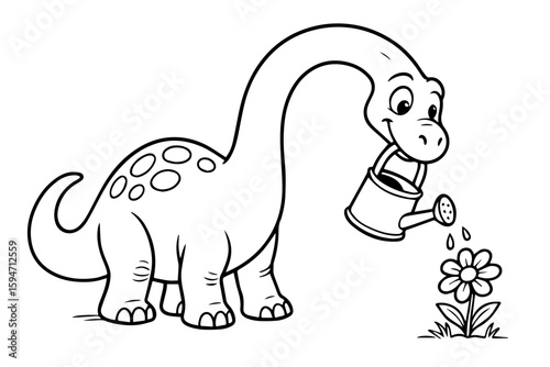 Gardener Diplodocus Dinosaur Watering a Flower Isolated Vector Coloring Page