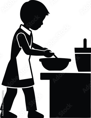 Boy Helping in Kitchen Chores silhouette vector art illustration