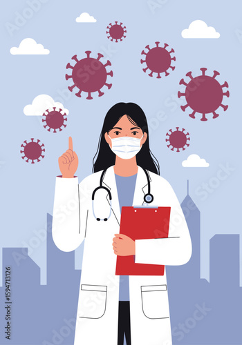 Female doctor in a face mask and lab coat holding a clipboard and pointing up surrounded by stylized coronavirus particles