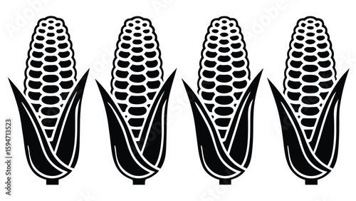 Four black corn cobs with leaves maize kernels