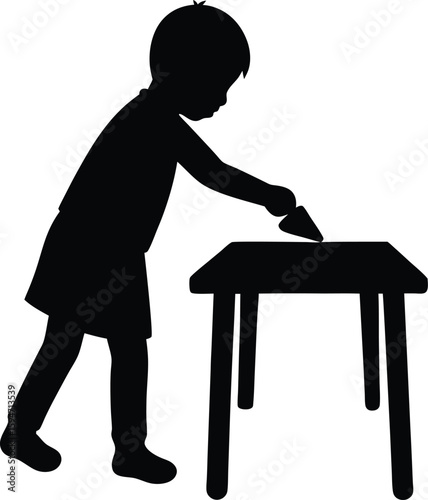Child Cleaning Table at Home silhouette vector art illustration