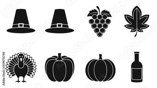 Thanksgiving symbols pilgrim hat turkey grapes pumpkin bottle
