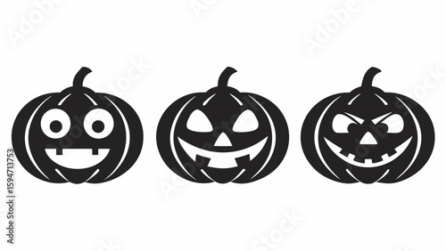 Three black jackolanterns with different faces halloween