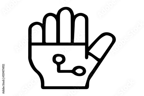 The image is a black and white line icon of a robotic or artificial hand raised upright, resembling a gesture of interaction or control.