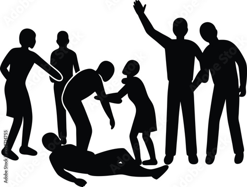 Crowd Helping Accident Victim silhouette vector art illustration