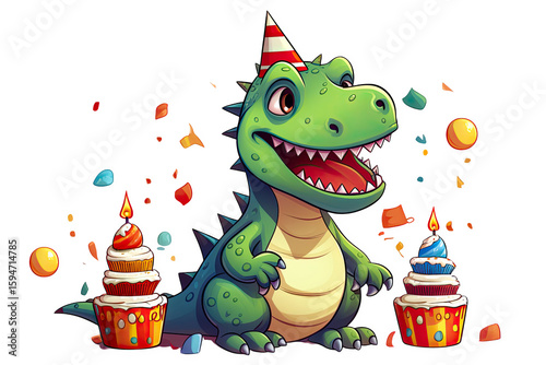 Un petit dinosaure mignon et coloré qui fête son anniversaire sur fond transparent PNG