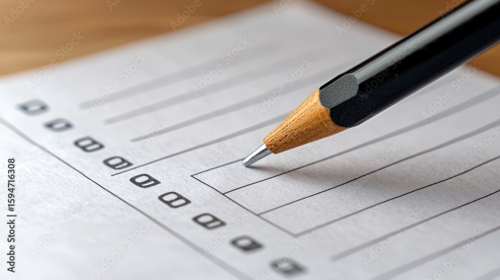 A pencil with a wooden handle and black tip is resting on a blank test form with multiple choice questions. A pencil with a wooden handle and black tip is resting on a blank test form with multiple choice questions.