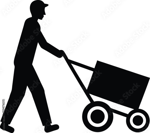 Man Pushing Cart silhouette vector art illustration