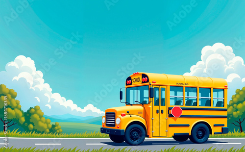 Colorful illustration of yellow school bus standing on road for education background concept