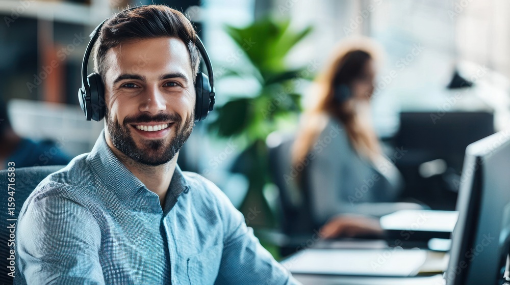 Fototapeta premium A smiling man wearing headphones in an office setting.
