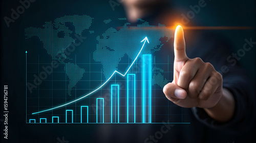 Businessman points to upward trending financial graph with digital world map background