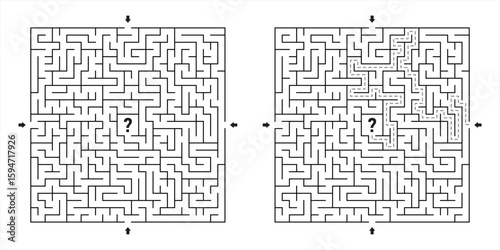 Square maze puzzle with four entrance options and solution path to center, black and white vector illustration for brain training and educational games